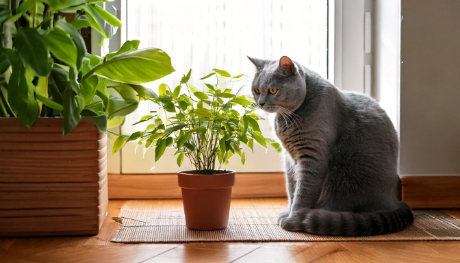 British Shorthair junto a una planta fresca de catnip