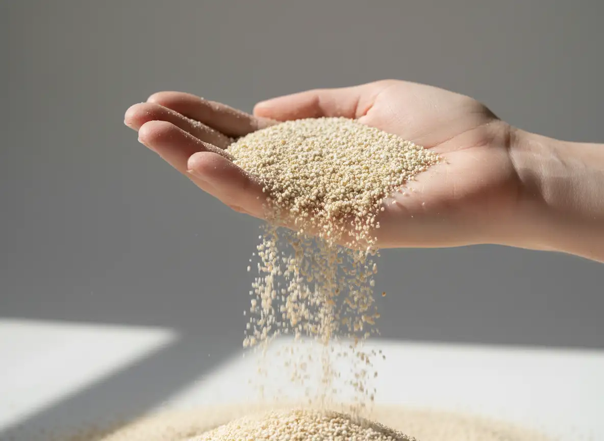 Primer plano de una mano sosteniendo arena para gatos de arcilla con grano fino, mostrando la textura ideal