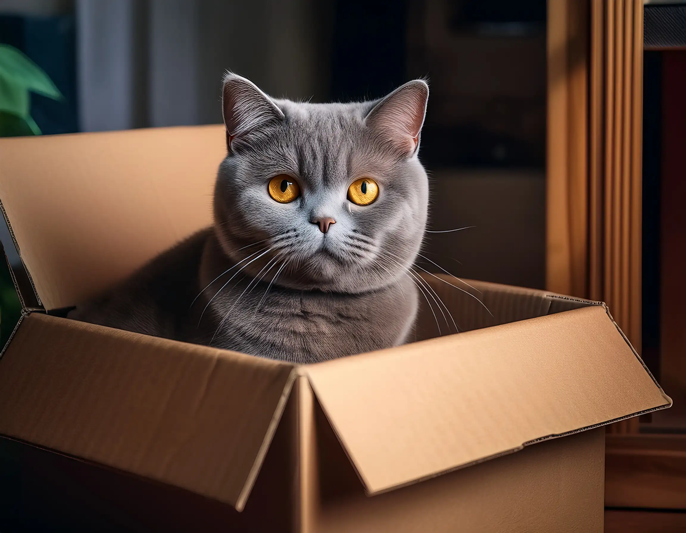 Cachorro de British Shorthair sentado tranquilamente en la caja