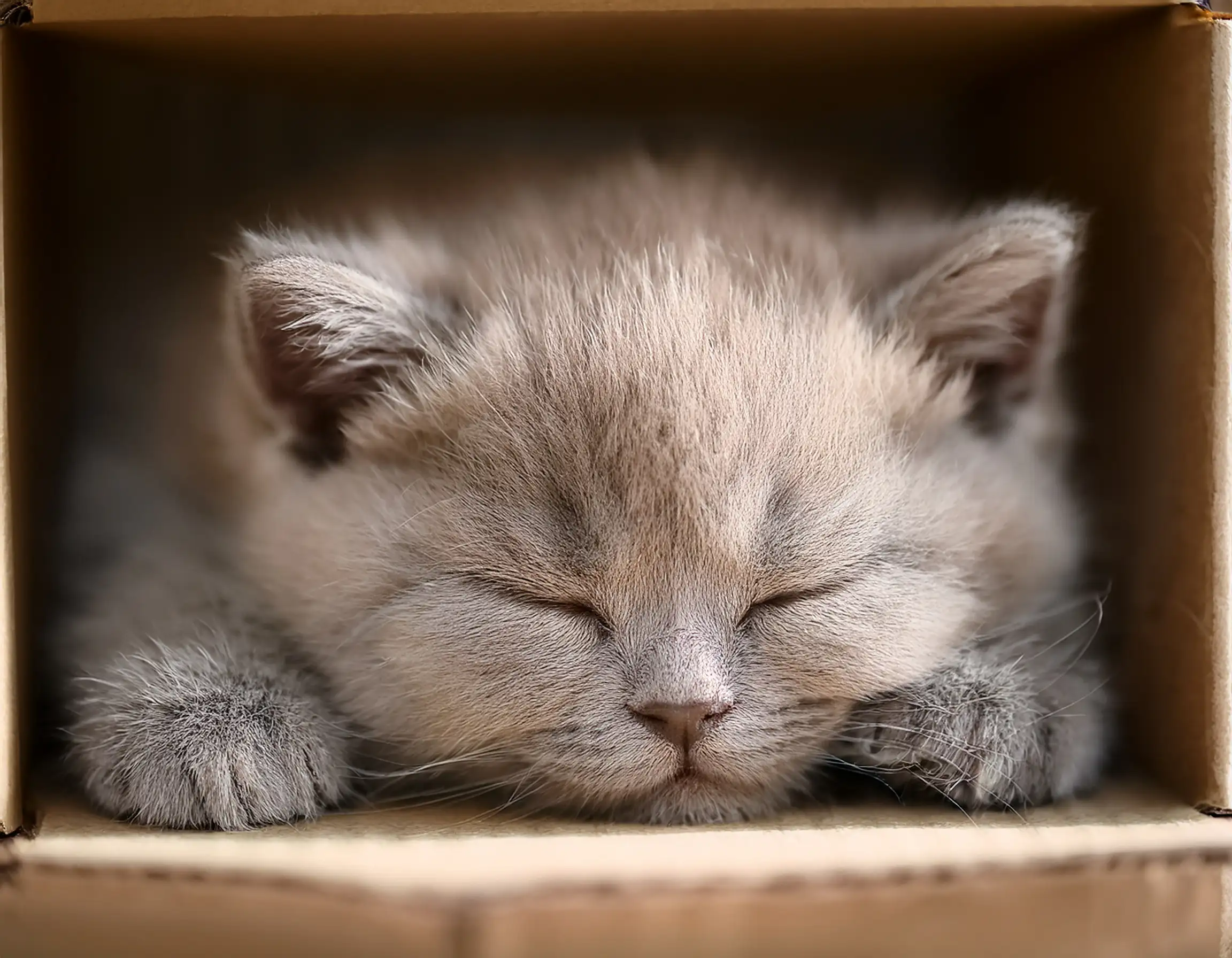 Cachorro de British Shorthair durmiendo dentro de una caja