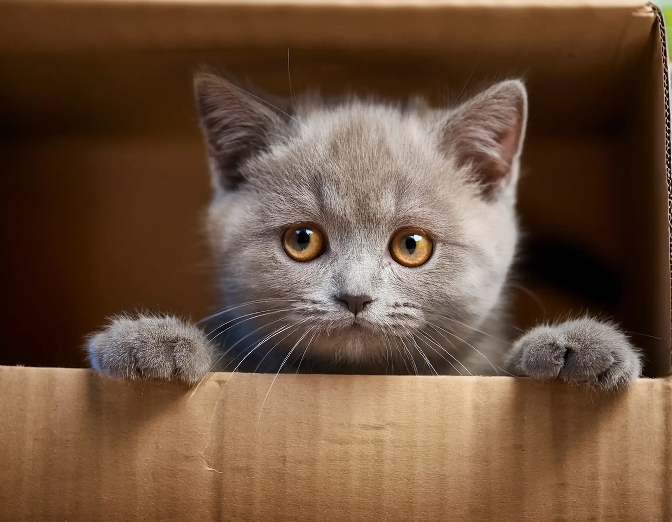 Cachorro de British Shorthair parcialmente escondido en la caja