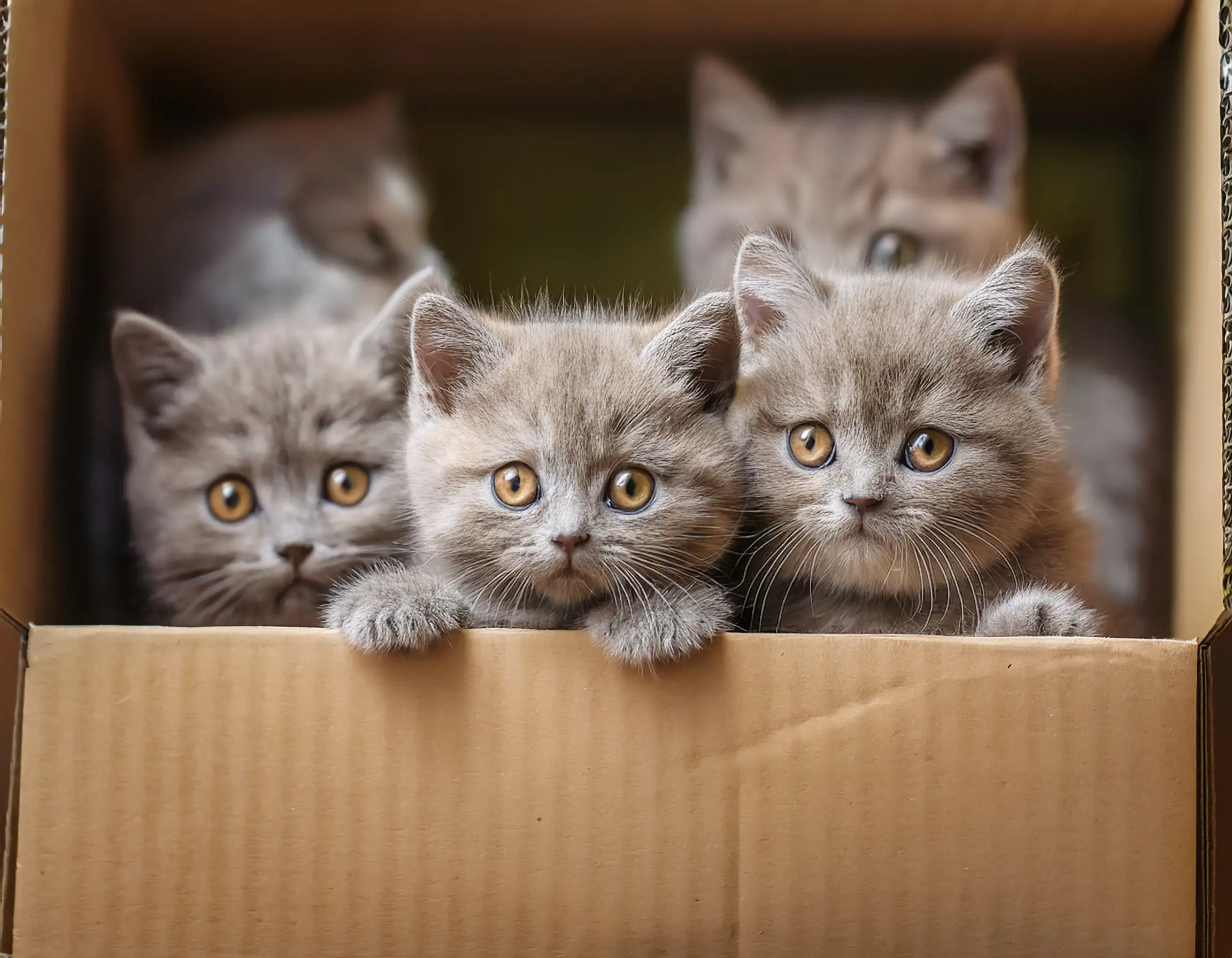 Grupo de cachorros de British Shorthair jugando en cajas