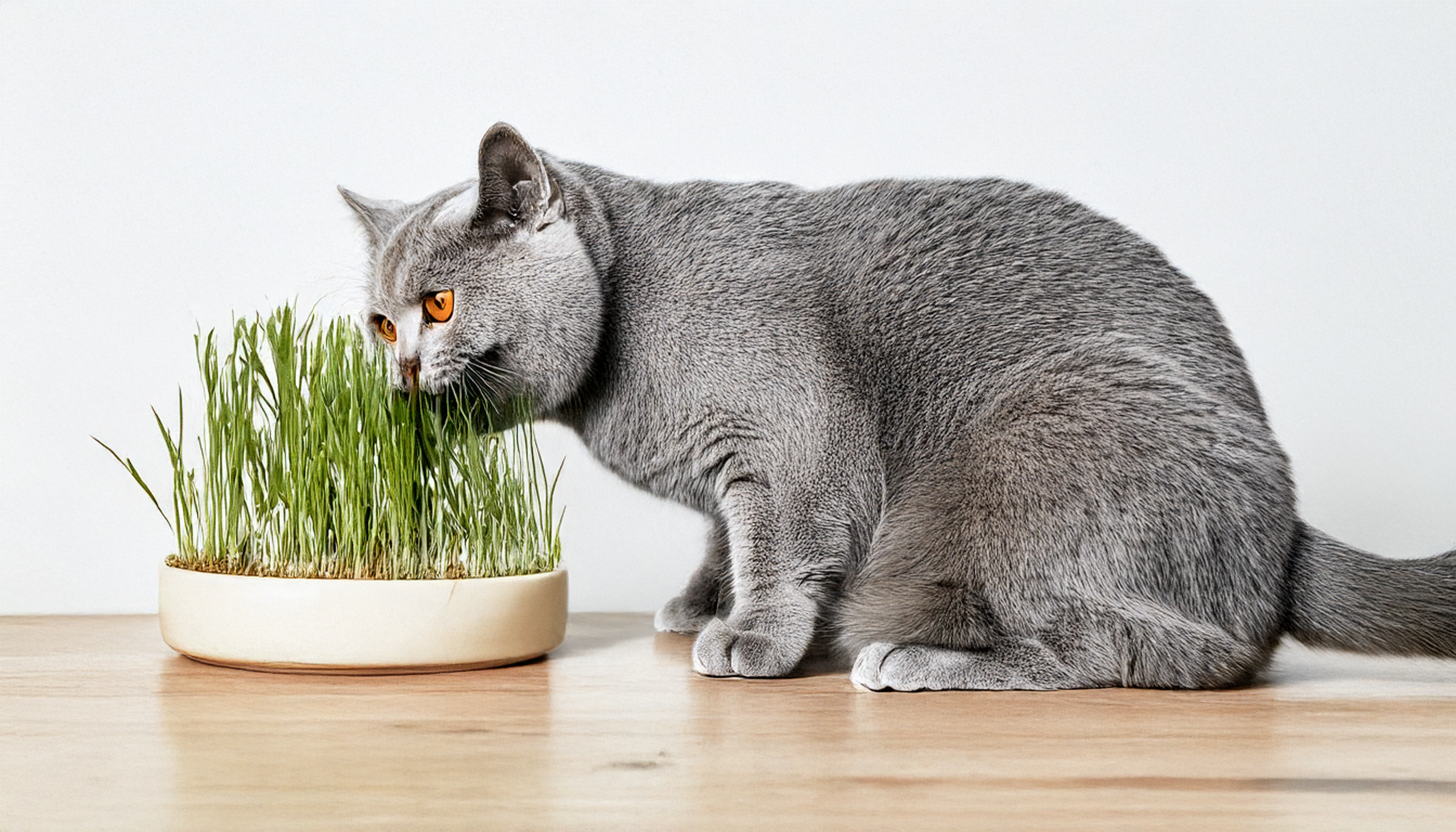 Gato British Shorthair azul masticando hierba en una maceta