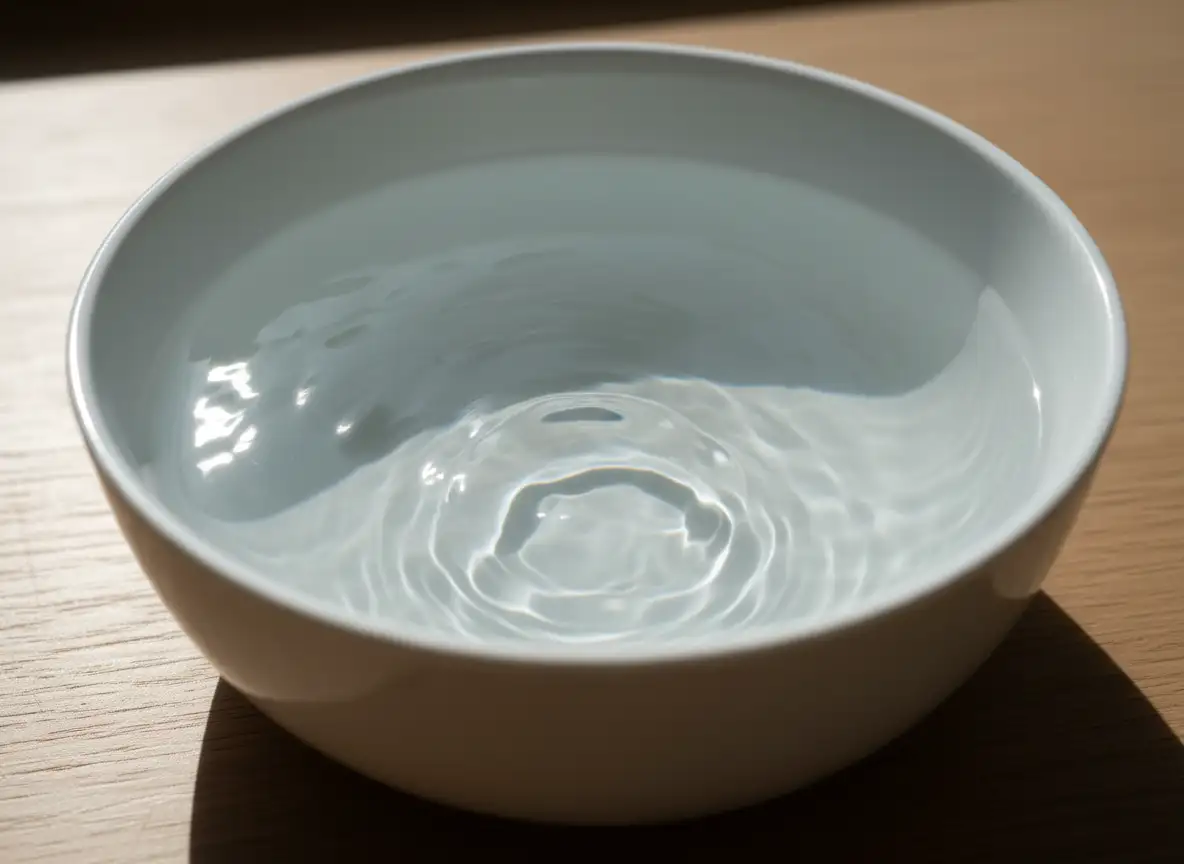 Primer plano de un cuenco de porcelana con agua cristalina y reflejos de luz