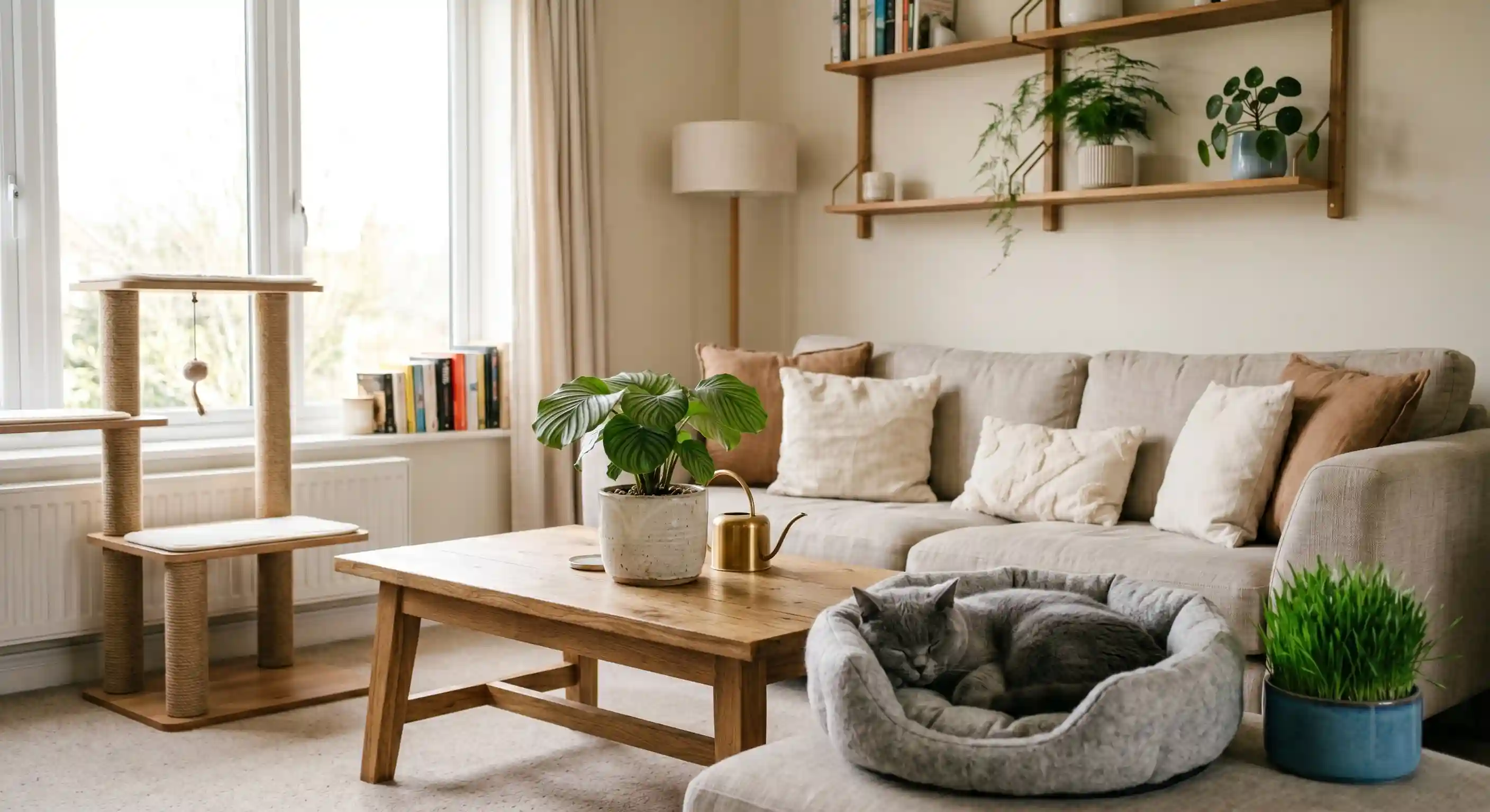 Ambiente interior seguro con plantas y zonas de descanso para British Shorthair