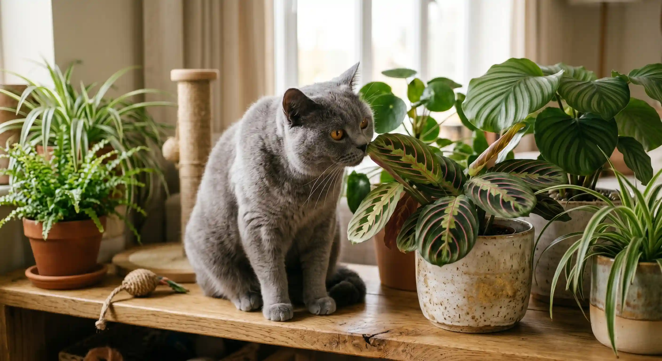 British Shorthair observando hojas de Calathea en un ambiente interior