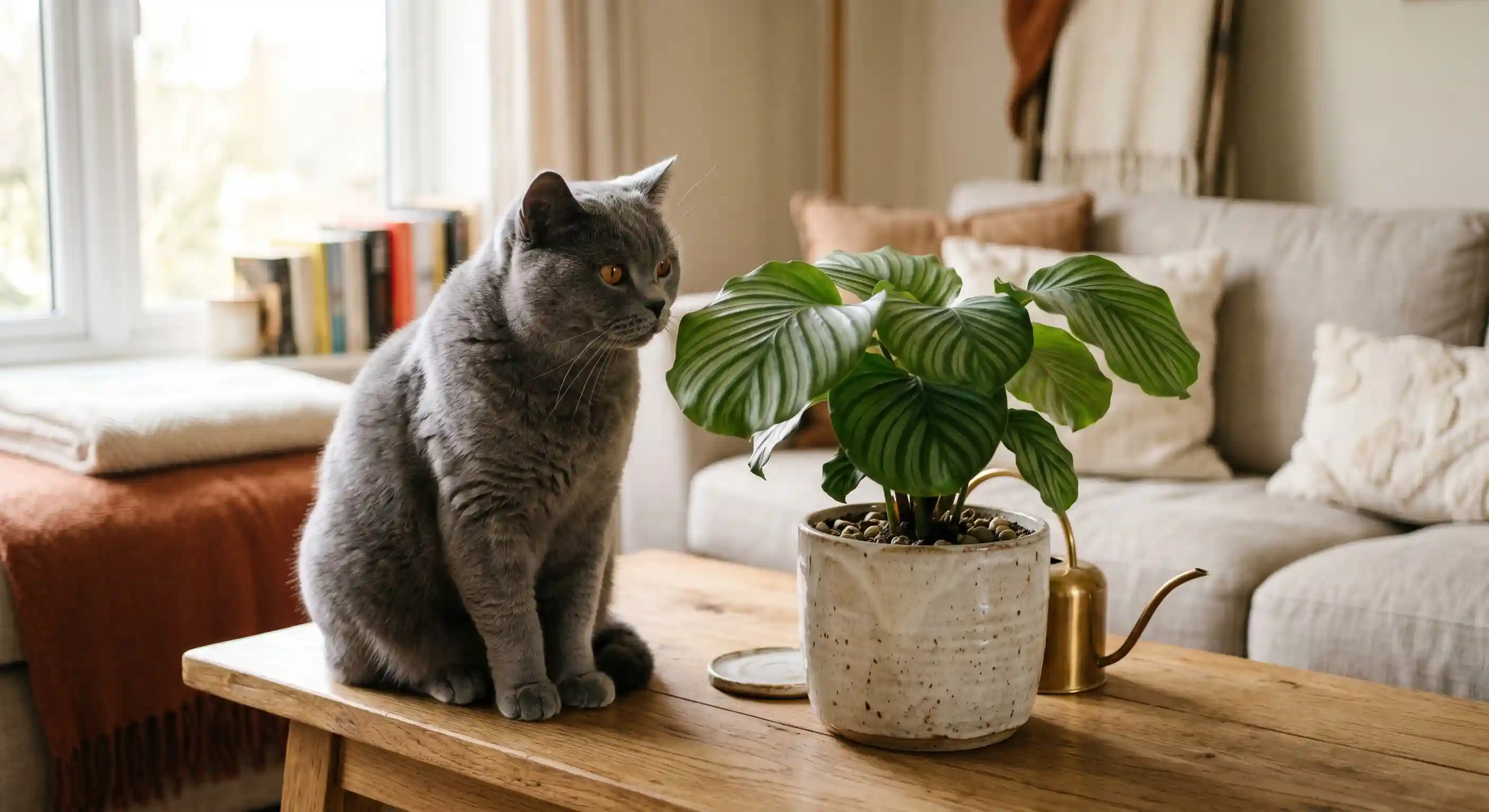 British Shorthair junto a una planta no tóxica en un salón luminoso